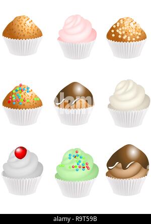 set of cupcakes with cream isolated on whiite Stock Vector