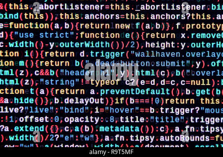Javascript functions, variables, objects. Monitor closeup of function source code. IT specialist workplace. Big data and Internet of things trend. HTM Stock Photo