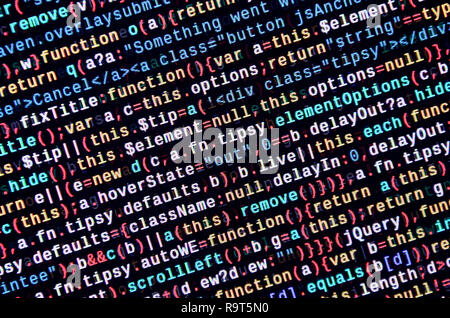 Javascript functions, variables, objects. Monitor closeup of function source code. IT specialist workplace. Big data and Internet of things trend. HTM Stock Photo