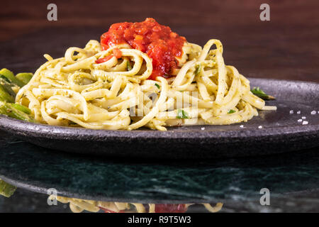 Spaghetti carbonara on marble plate. Closeup Stock Photo