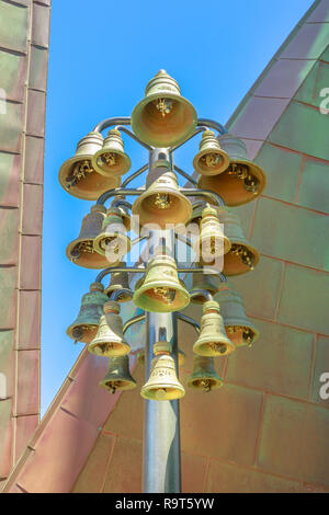 Perth, Australia - Jan 3, 2018: details of bells inside of Swan Bell Tower, a popular landmark in Perth city, Western Australia. Vertical shot. Stock Photo