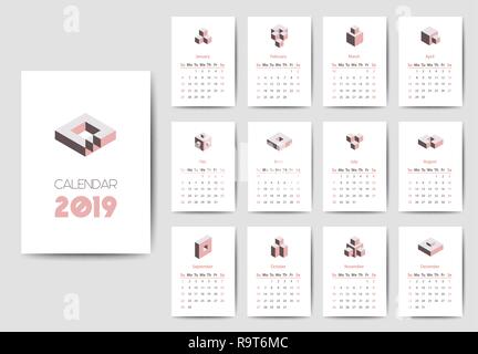 The 2019 calendar vector template in soft colors Stock Vector