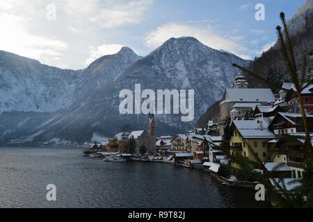 Snowy Hallstatt, Austria. View from the lake. Stock Photo