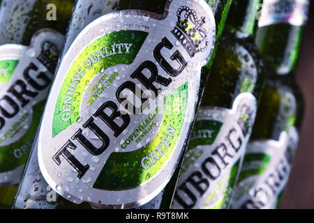 POZNAN, POL - JUN 8, 2018: Bottles of Tuborg beer, produced