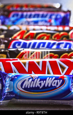 POZNAN, POL - JUN 19, 2018: Assorted confectionery products of Mars company, including Snickers, Twix, Milky Way, Bounty and Mars Stock Photo