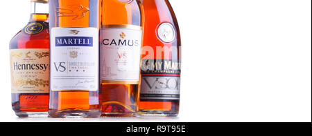 3本 CAMUS MARTELL REMY MARTIN コニャック POZNAN, POL - SEP 27, 2018: Bottles of famous Cognac brands