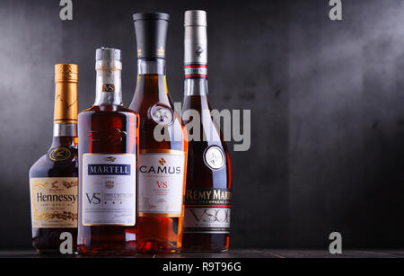 POZNAN, POL - SEP 27, 2018: Bottles of famous Cognac brands