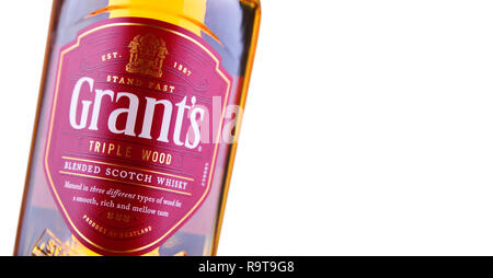 POZNAN, POL - NOV 29, 2018: Bottle of Grant's whisky, the oldest family-owned blended whisky bottled by William Grant & Sons in Scotland, currently so Stock Photo