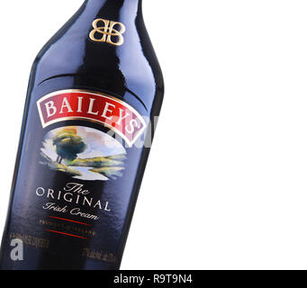 POZNAN, POL - DEC 7, 2018: Bottle of Baileys Irish Cream, an Irish whiskey- and cream-based liqueur, made by Gilbeys of Ireland. Brand currently owned Stock Photo