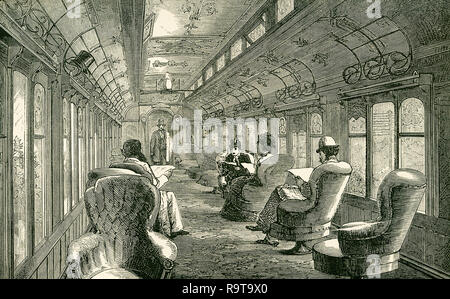 This illustration dates to the 1870s and shows the interior of a Pullman car on the Midland Railway. The Midland Company, who first adopted the Pullman cars, have constructed luxurious vehicles in which every elegance and comfort are placed within the reach of the English traveller, and these improvements are highly appreciated by all who have long journeys to make by day or night. Pullman Cars of another kind, providing sleeping accommodation for night journeys, are also in use on the Midland line, and they are fitted up with the same thoughtful regard to comfort as the Parlour Car. Stock Photo