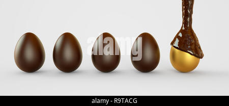 Golden eggs in chocolate. Easter eggs. 3D rendering illustration. Stock Photo