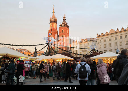Stalls on the Christmas market in the Main Market Square, in the Old Town in Krakow, Poland