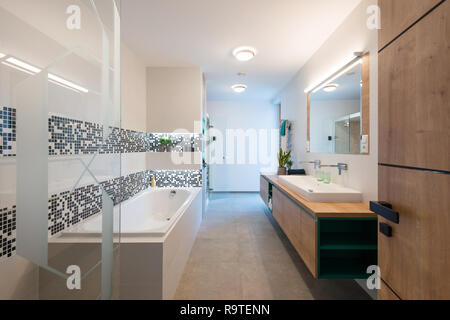 Interior of modern bathroom with bathtub and shower Stock Photo