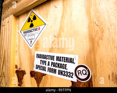 Radioactive material label beside the transportation wooden box Type A standard package Stock Photo