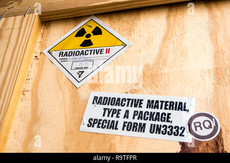 Radioactive material label beside the transportation wooden box Type A standard package Stock Photo