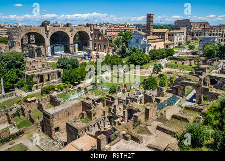 the Roman Forum from Palatine Hill with view of the remains of the House of the Vestals, the remaining nave of the Basilica of Maxentius, Basilica di  Stock Photo
