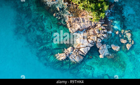 Tropical island with sea and palm taken from drone. Seychelles aerial photo. St Pierre Island Stock Photo