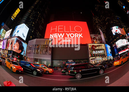 New York NY USA/-December 18, 2018 The spanking brand new North Shore Neon Sign Co. digital display in Times Square in New York on its unveiling, Tuesday, December 18, 2018. (Â© Richard B. Levine) Stock Photo