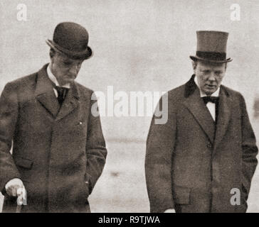 Sir Edward Grey, left with Winston Churchill in 1914 just before WWI was declared.  Edward Grey, 1st Viscount Grey of Fallodon, aka Sir Edward Grey, 1862 - 1933. British Liberal statesman and Secretary of State for Foreign Affairs during WWI.  Sir Winston Leonard Spencer-Churchill, 1874 –1965. British politician, statesman, army officer, and writer, who was Prime Minister of the United Kingdom from 1940 to 1945 and again from 1951 to 1955. Stock Photo