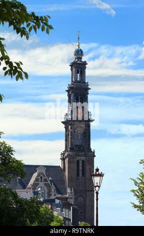 View of Western Church Westerkerk, 1620 - 1631 - a Dutch Protestant church in Amsterdam. It lies in the most western part of the Grachtengordel neighb Stock Photo
