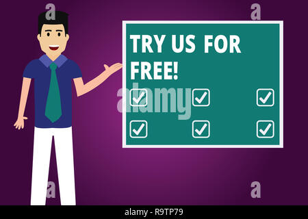 Text sign showing Try Us For Free. Conceptual photo Trial at not any cost Offer promotion big discount Man with Tie Standing Talking Presenting Blank  Stock Photo