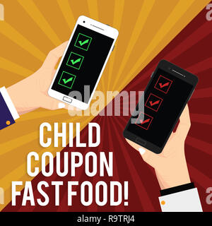 Handwriting text writing Child Coupon Fast Food. Concept meaning Ticket discount savings junk meals for kids Two Hu analysis Hands Each Holding Blank  Stock Photo