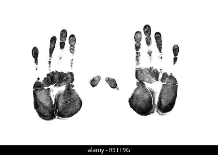 Black prints of hand on transparent paper. Black hand print. Isolated on white. Stock Photo
