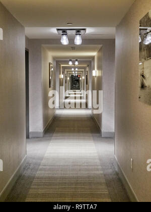 Long carpeted empty hotel hall or hallway at the Lodge and Spa at Callaway Gardens, Pine Mountain Georgia, USA. Stock Photo
