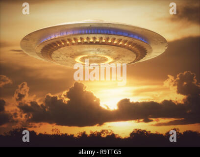 Unidentified flying object, UFO with the sunset in the background. Clipping path included. Stock Photo