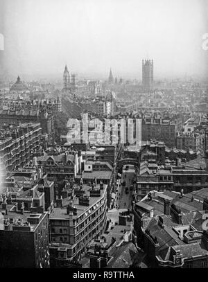 Black and white photograph taken in 1919 from the top of Westminster Cathedral in London, looking East across the rooftops of the city. Stock Photo