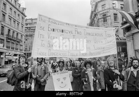 London, England, 29th April,1978. A large demonstration and protest was held in Trafalgar Square in London, against the building of the Windscale Nuclear Power Station. It was organised by Friends Of The Earth. Stock Photo