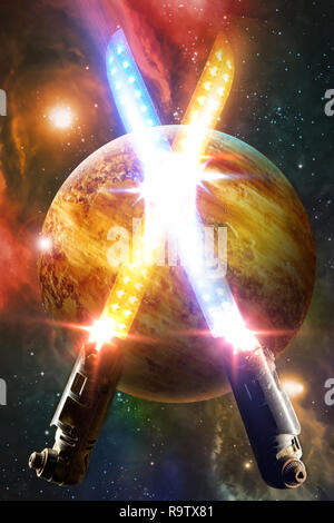 Planet mars with alien lightsword weapons crossing plasma beams Stock Photo