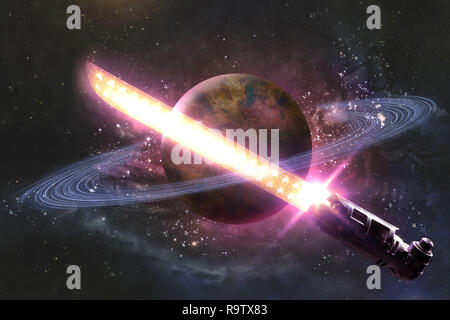 Saturn planet with colorful alien light sword and starscape Stock Photo