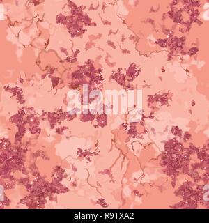 Trendy marble texture design with splatter spots, coral marbling surface, modern luxurious salmon pink tones background Stock Vector