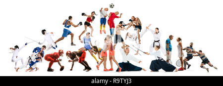 Attack. Sport collage about kickboxing, soccer, american football, aikido, rugby, judo, fencing, badminton and tennis and boxing on white background Stock Photo