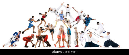 Attack. Sport collage about kickboxing, soccer, american football, aikido, rugby, judo, fencing, badminton and tennis and boxing on white background Stock Photo