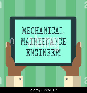 Handwriting text Mechanical Maintenance Engineer. Concept meaning Responsible for machines efficiency Hu analysis Hand Holding Blank Screen Tablet Sma Stock Photo