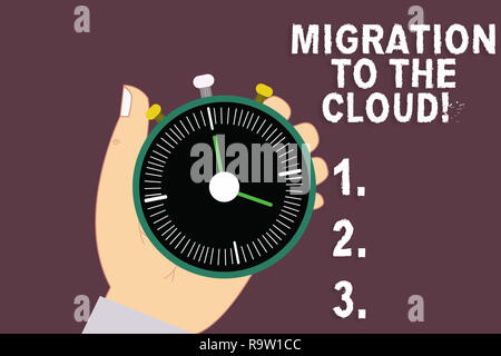 Word writing text Migration To The Cloud. Business concept for Transfer data to online file storage tools apps Hu analysis Hand Holding Mechanical Sto Stock Photo