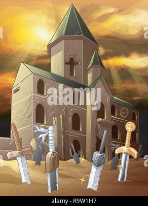 Old chapel of dawn with swords on desert. Stock Vector