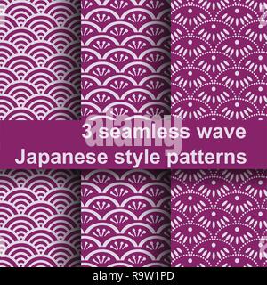 3 seamless wave Japanese style patterns. Stock Vector