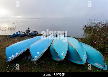 Small boats beside Lake Shoji, with Mount Fuji behind, Shojiko, Central Honshu, Japan Stock Photo