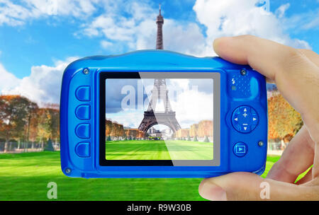 Taking picture of eiffel tower paris compact camera display pov Stock Photo