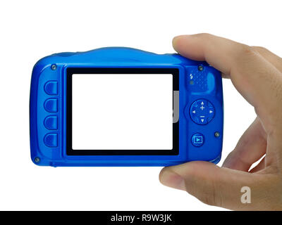 Closeup hand taking picture with compact digital camera blank display isolated	 Stock Photo