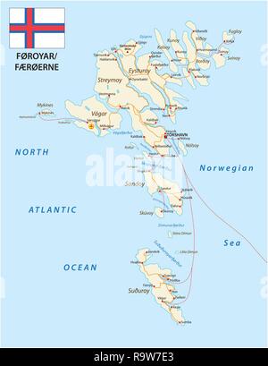 Road map of the Faroe Islands North Atlantic Archipelago with flag, Denmark Stock Vector