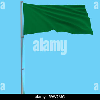 Isolate green flag on a flagpole fluttering in the wind on a blue background, 3d rendering Stock Photo