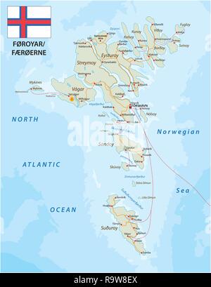 Road map of the Faroe Islands North Atlantic Archipelago with flag, Denmark Stock Vector