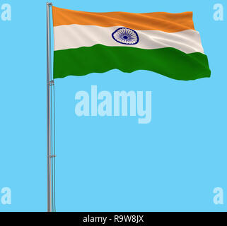 Isolate flag of India on a flagpole fluttering in the wind on a blue background, 3d rendering Stock Photo