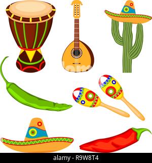 Colorful cartoon mexican music set Stock Vector