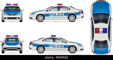 Police car vector mockup on white background. All elements in the groups on separate layers for easy editing and recolor Stock Vector