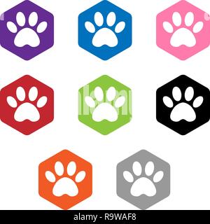 animal footprint hexagonal. set vector hexagon shape icon with the animals. Cat paw icons isolated. Stock Vector